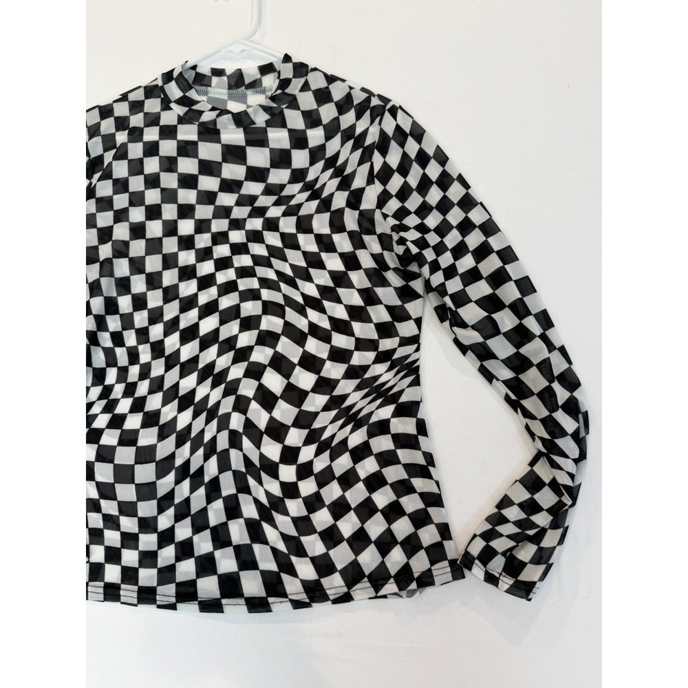 Y2K 90s Style Psychedelic Black/White Checkered Mock Neck Sheer Top L Indie Alt